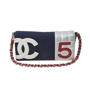 CHANEL Number Chain Shoulder Bag Navy Blue White Silver Red